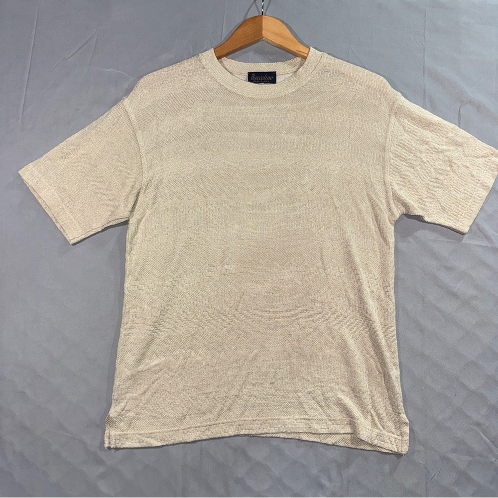 Barcelino Sweater Mens Large Beige Short Sleeve Crewneck Knit Pullover Italy